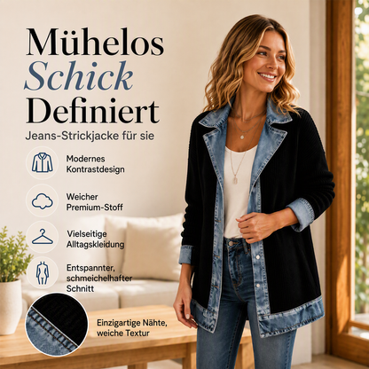 ⌛Zeitlich begrenztes Angebot – Eleganter Damenmantel aus Denim mit geripptem Strick-Einsatz