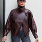 🔥Solange der Vorrat reicht 40 % Rabatt!🎉Schwarze Kunstlederjacke mit Stehkragen, übergroße Motorradjacke