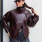 🔥Solange der Vorrat reicht 40 % Rabatt!🎉Schwarze Kunstlederjacke mit Stehkragen, übergroße Motorradjacke