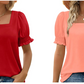 Lässiges T-Shirt mit quadratischem Ausschnitt und gesmokten Ärmeln für Damen