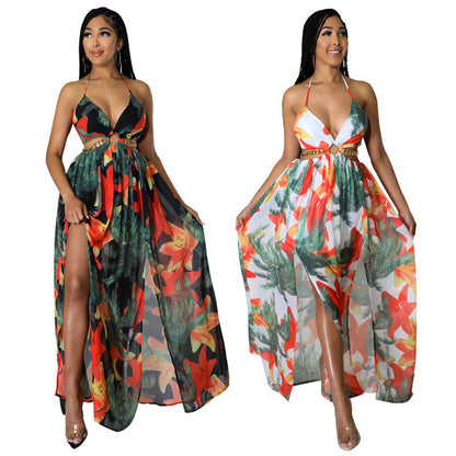 👗 Damen Floral Print Kette Decor Split Oberschenkel Tie Back Cami Kleid