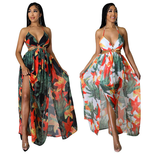 👗 Damen Floral Print Kette Decor Split Oberschenkel Tie Back Cami Kleid