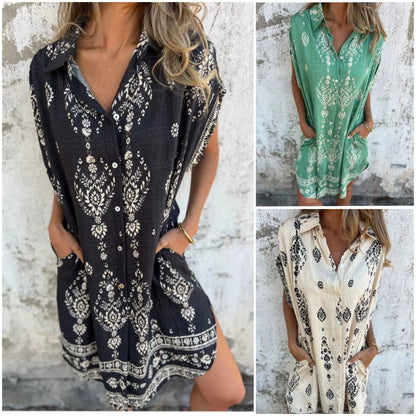 💞50 % Rabatt💞Klassisches bedrucktes Baumwoll-Leinen-Kleid【Direktverkauf ab Werk】