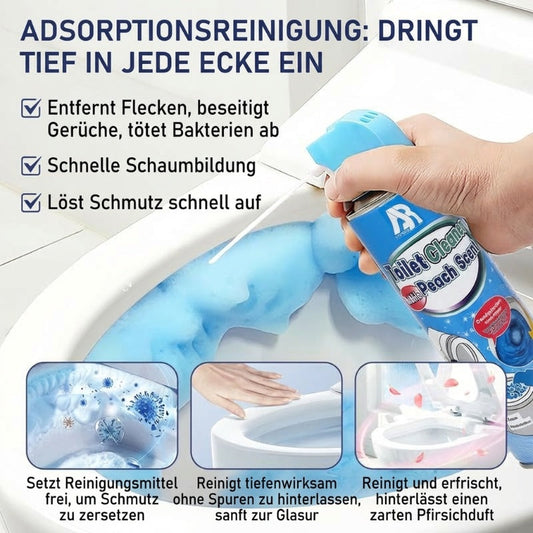 Schaumreiniger für Toiletten: Erweitert sich, um schwer zugängliche Stellen zu reinigen, entfernt Flecken und Gerüche und hinterlässt einen leichten Pfirsichduft.