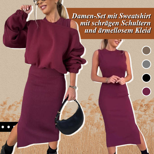 🔥Black-Friday-Mega-Angebot – 50 % Rabatt!🔥Damen-Set mit Sweatshirt mit schrägen Schultern und ärmellosem Kleid🌸