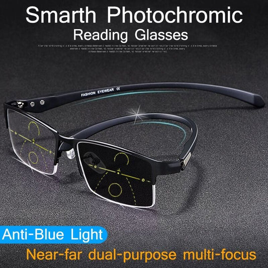 Titan-Multifokus-Lesebrille, photochromes progressives Doppellicht, Anti-Blaulicht