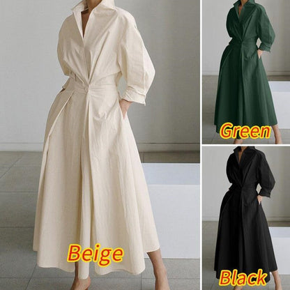 💕Einfarbiges Hemdkleid mit Revers aus Baumwolle für Damen