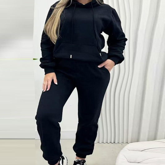 Einfarbiger lässiger warmer Damen-Zweiteiler mit Oberteil und Hose