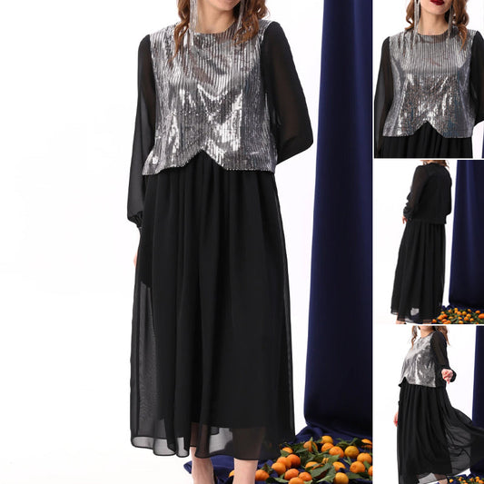 🌸 Frühlingsspecials 🌸  Damen Elegante Pailletten Chiffon Kleid