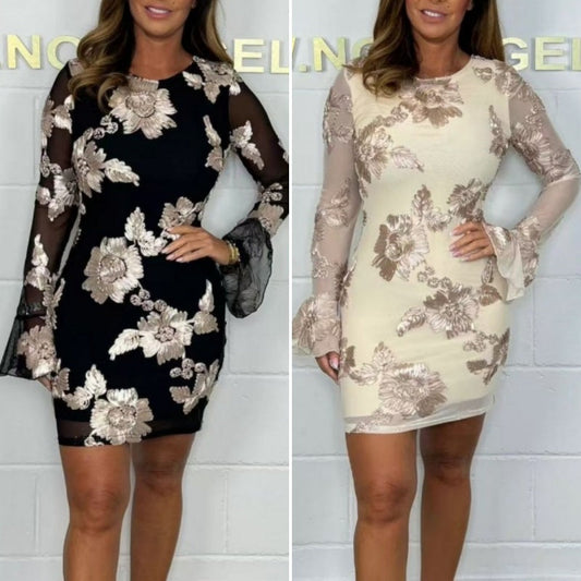Elegantes, figurbetontes Kleid mit Blumenstickerei und Glockenärmeln für Damen