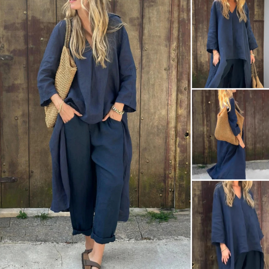 Förderung zum Muttertag💕Sommerliches, lockeres Damen 2-teiliges Set: Oberteil mit Tasche und V-Ausschnitt & passende Hose