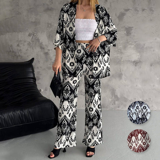 🔥Gedruckte mittlere Ahnung Cardigan & Trendy Wide-Bein-Hosen zweiteiliger Set🔥