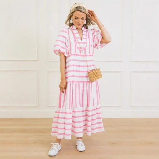 🔥Sommer-Schnäppchen 50 % Rabatt 🩷Lässiges, gestreiftes Kurzarmkleid für den Sommer für Damen