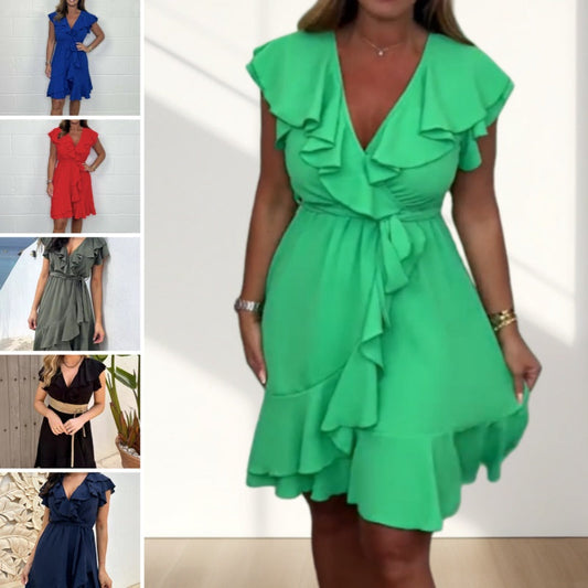 🏖️Sommer-Hot-Sale - 60% Rabatt🌸Elegantes Rüschenkleid mit Taillenschnürung und V-Ausschnitt für Damen