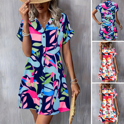 Modisches Kurzarm-Hemdblusenkleid für Damen mit Print und Knopfleiste