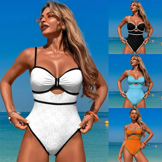 Damen einteiliger Badeanzug mit Cut-Out vorne und Farbblock-Design