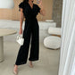 💕Damen einfarbiger Jumpsuit mit V-Ausschnitt, Rüschenärmeln und weitem Bein