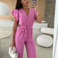 💕Damen einfarbiger Jumpsuit mit V-Ausschnitt, Rüschenärmeln und weitem Bein