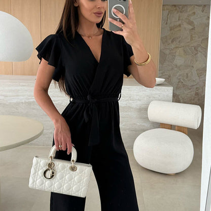 💕Damen einfarbiger Jumpsuit mit V-Ausschnitt, Rüschenärmeln und weitem Bein