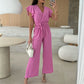 💕Damen einfarbiger Jumpsuit mit V-Ausschnitt, Rüschenärmeln und weitem Bein