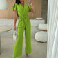 💕Damen einfarbiger Jumpsuit mit V-Ausschnitt, Rüschenärmeln und weitem Bein
