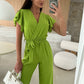 💕Damen einfarbiger Jumpsuit mit V-Ausschnitt, Rüschenärmeln und weitem Bein