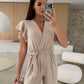 💕Damen einfarbiger Jumpsuit mit V-Ausschnitt, Rüschenärmeln und weitem Bein
