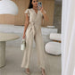💕Damen einfarbiger Jumpsuit mit V-Ausschnitt, Rüschenärmeln und weitem Bein