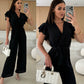💕Damen einfarbiger Jumpsuit mit V-Ausschnitt, Rüschenärmeln und weitem Bein