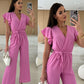 💕Damen einfarbiger Jumpsuit mit V-Ausschnitt, Rüschenärmeln und weitem Bein