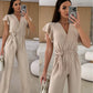 💕Damen einfarbiger Jumpsuit mit V-Ausschnitt, Rüschenärmeln und weitem Bein