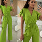 💕Damen einfarbiger Jumpsuit mit V-Ausschnitt, Rüschenärmeln und weitem Bein