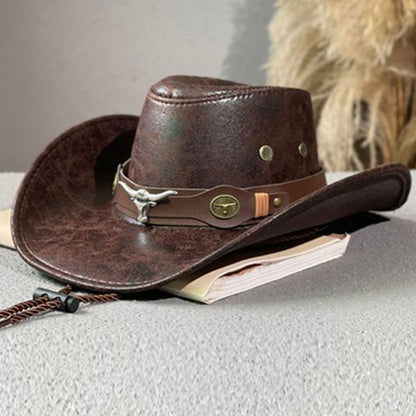 🤠 50% RABATT! ☀️ Vintage-Cowboyhut mit breiter Krempe & Riemen – PU, verstellbar & einheitsgröße – Perfekt für Western-Look & Sommerfestivals 🌾