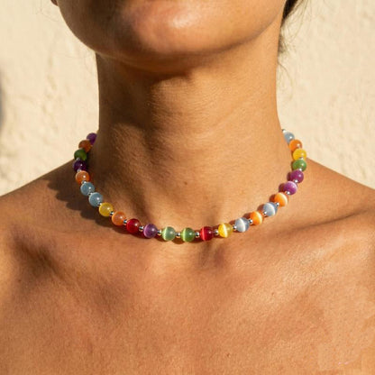 Regenbogen Katzenauge Perlenschmuck – Halskette, Armband, Fußkette & Handyband